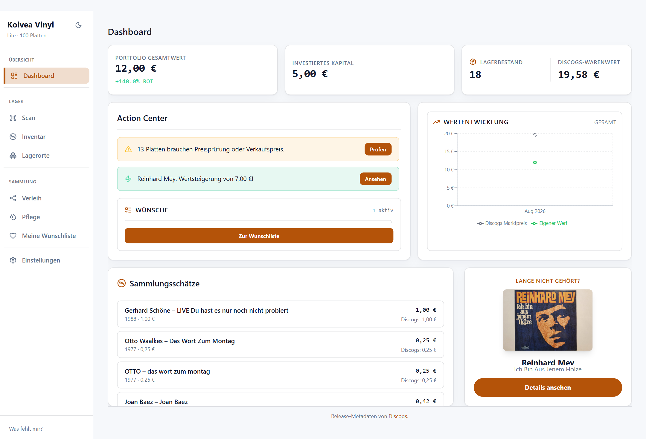 Kolvea Vinyl App: Dashboard mit Plattensammlung und Preisen